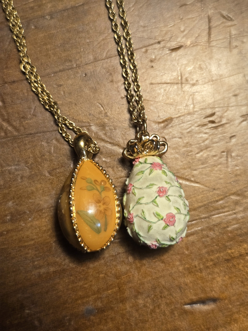 Lot of 2 Vintage Joan Rivers Faberge Style Egg Pendant Necklaces Signed Goldtone